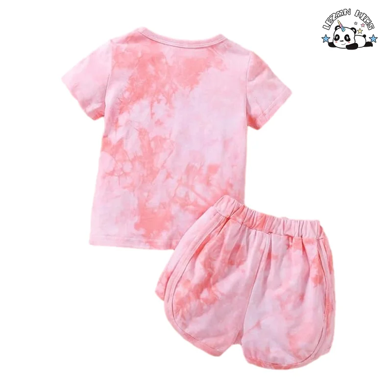 LEZONKIDS - OEM Customizable Colors Cotton Tie Dye T Shirts Shorts Set Girls Summer Sports Set for Kids